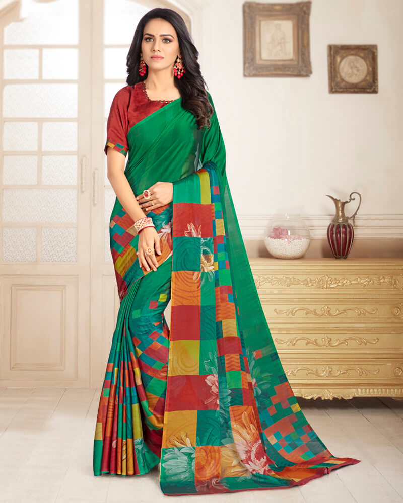 Vishal Prints Dark Green Digital Print Chiffon Saree