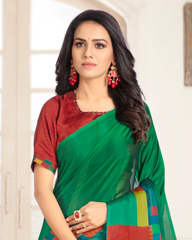 Vishal Prints Dark Green Digital Print Chiffon Saree