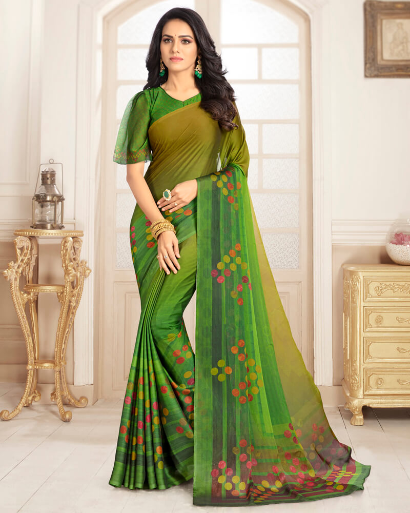 Vishal Prints Green Digital Print Chiffon Saree