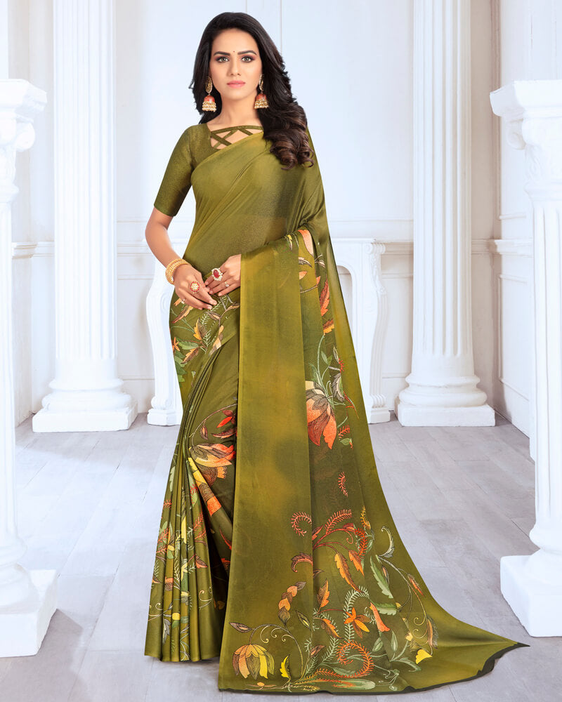 Vishal Prints Mehandi Green Digital Print Crepe Saree