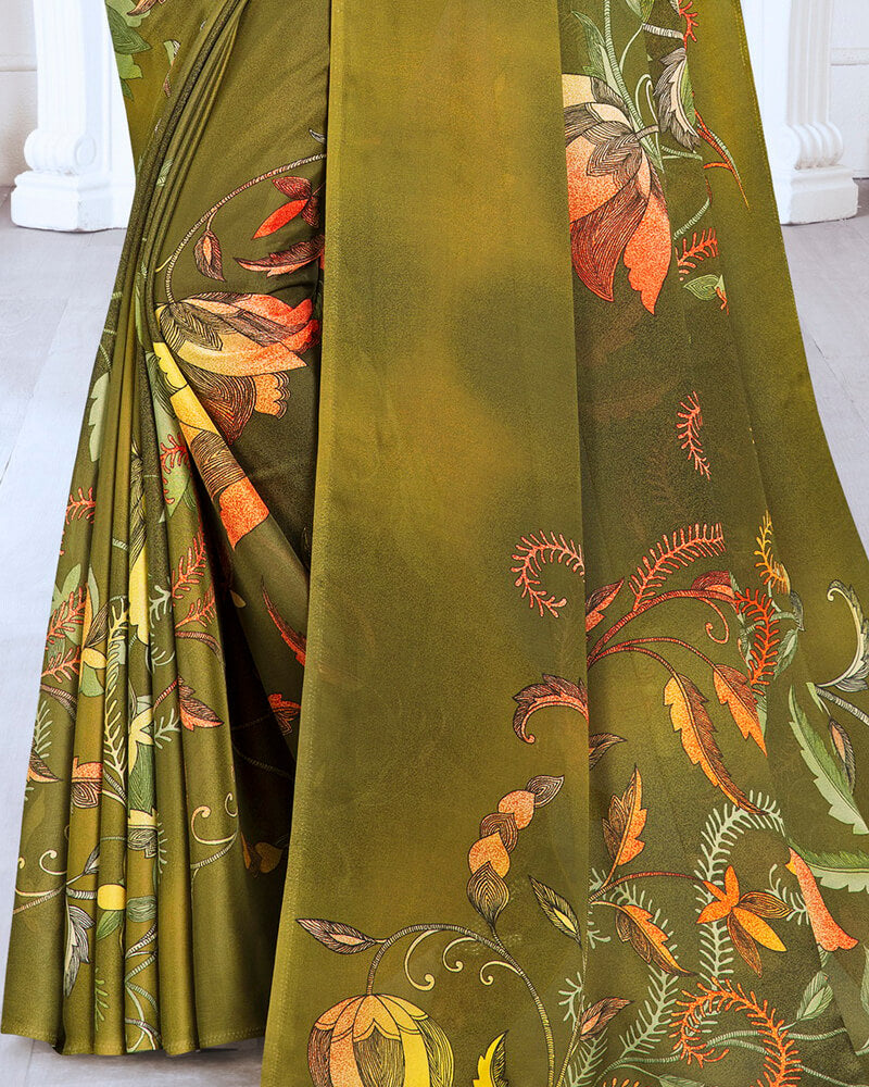 Vishal Prints Mehandi Green Digital Print Crepe Saree