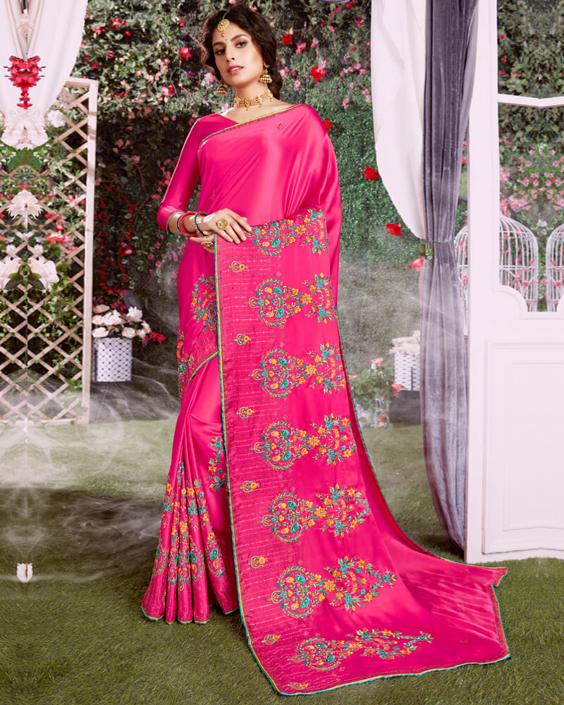 Vishal Prints Pink Satin Saree With Embroidery And Diamond Work