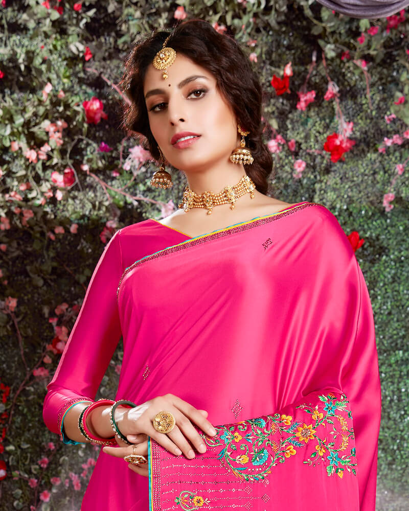 Vishal Prints Pink Satin Saree With Embroidery And Diamond Work