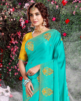 Vishal Prints Turquoise Satin Saree With Embroidery And Diamond Work