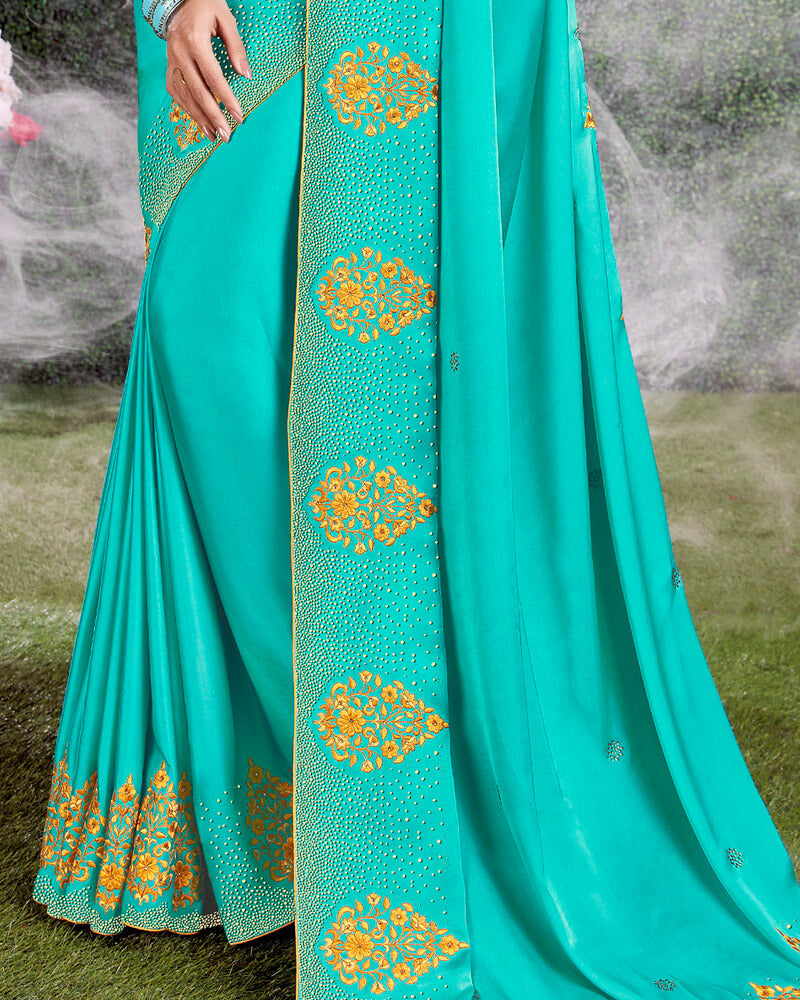 Vishal Prints Turquoise Satin Saree With Embroidery And Diamond Work