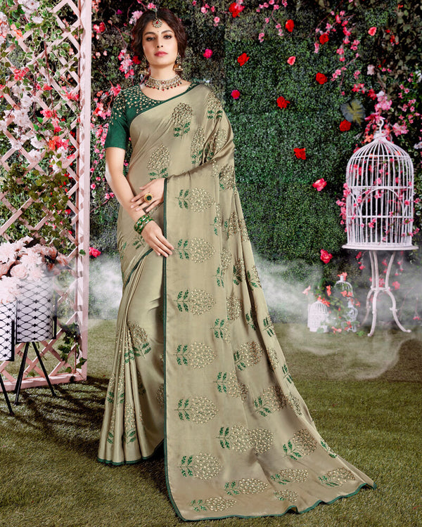 Vishal Prints Beige Satin Saree With Embroidery And Diamond Work