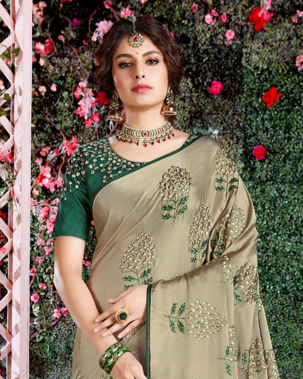 Vishal Prints Beige Satin Saree With Embroidery And Diamond Work