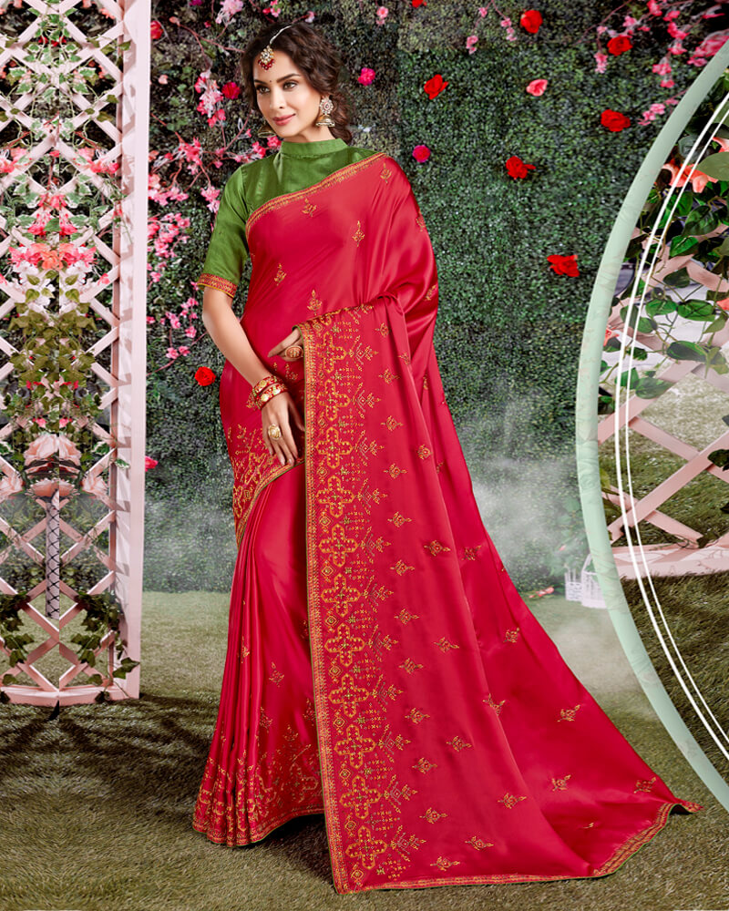 Vishal Prints Red Satin Saree With Embroidery And Diamond Work