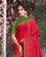 Vishal Prints Red Satin Saree With Embroidery And Diamond Work