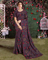 Vishal Prints Wine Satin Saree With Embroidery And Diamond Work