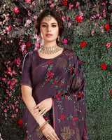 Vishal Prints Wine Satin Saree With Embroidery And Diamond Work