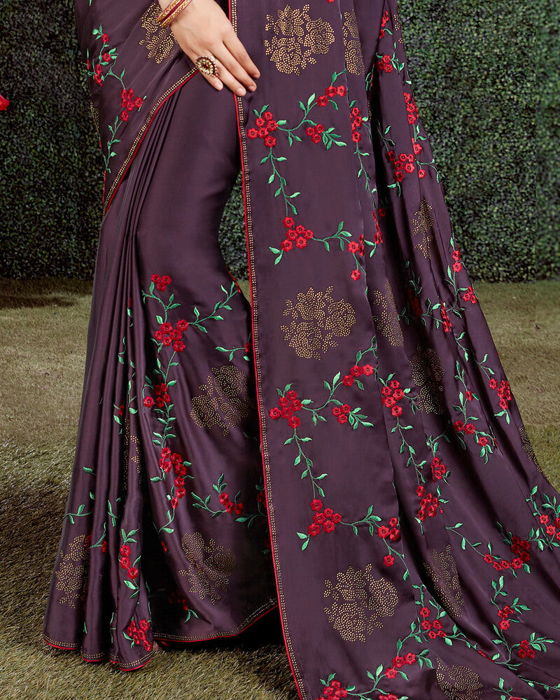 Vishal Prints Wine Satin Saree With Embroidery And Diamond Work