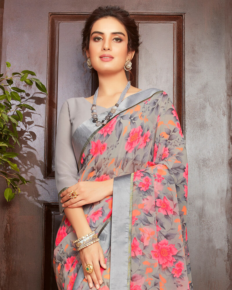 Vishal Prints Peach And Grey Floral Print Georgette Saree With Satin B