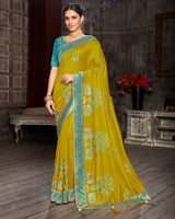 Vishal Prints Olive Yellow Silk Saree With Embroidery Work