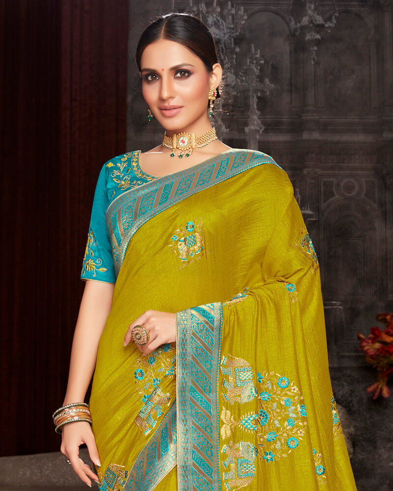 Vishal Prints Olive Yellow Silk Saree With Embroidery Work