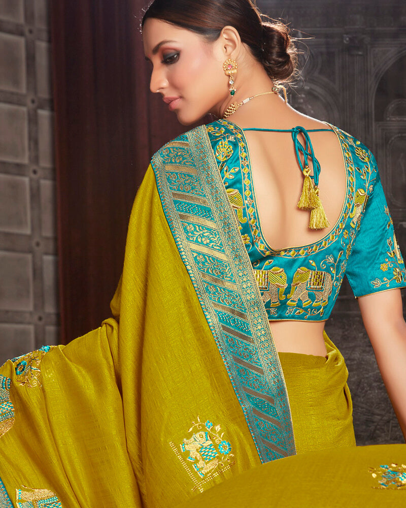 Vishal Prints Olive Yellow Silk Saree With Embroidery Work