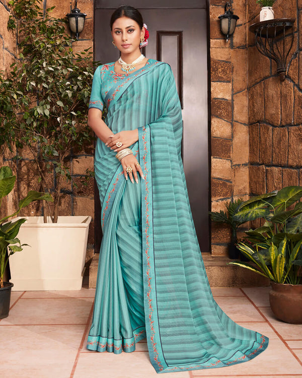 Vishal Prints Teal Blue Chiffon Saree With Diamond Work Border