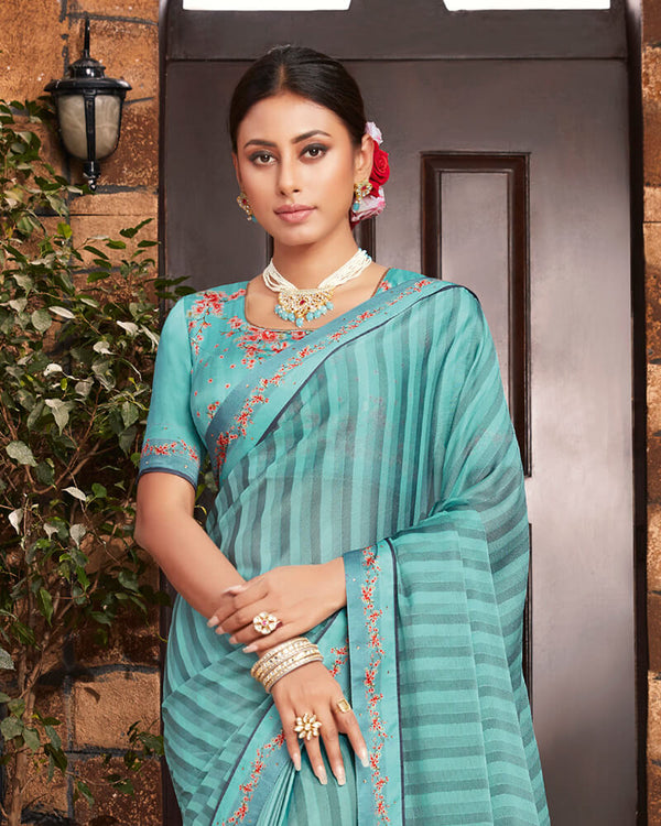 Vishal Prints Teal Blue Chiffon Saree With Diamond Work Border