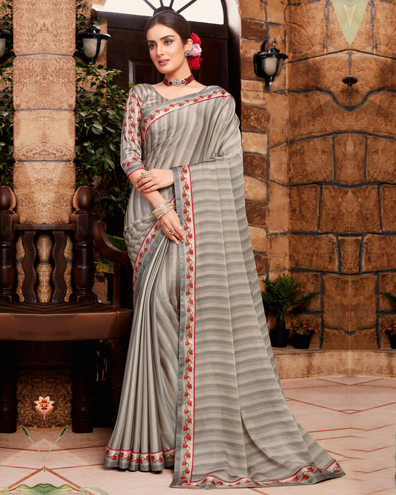 Vishal Prints Dusty Grey Chiffon Saree With Diamond Work Border