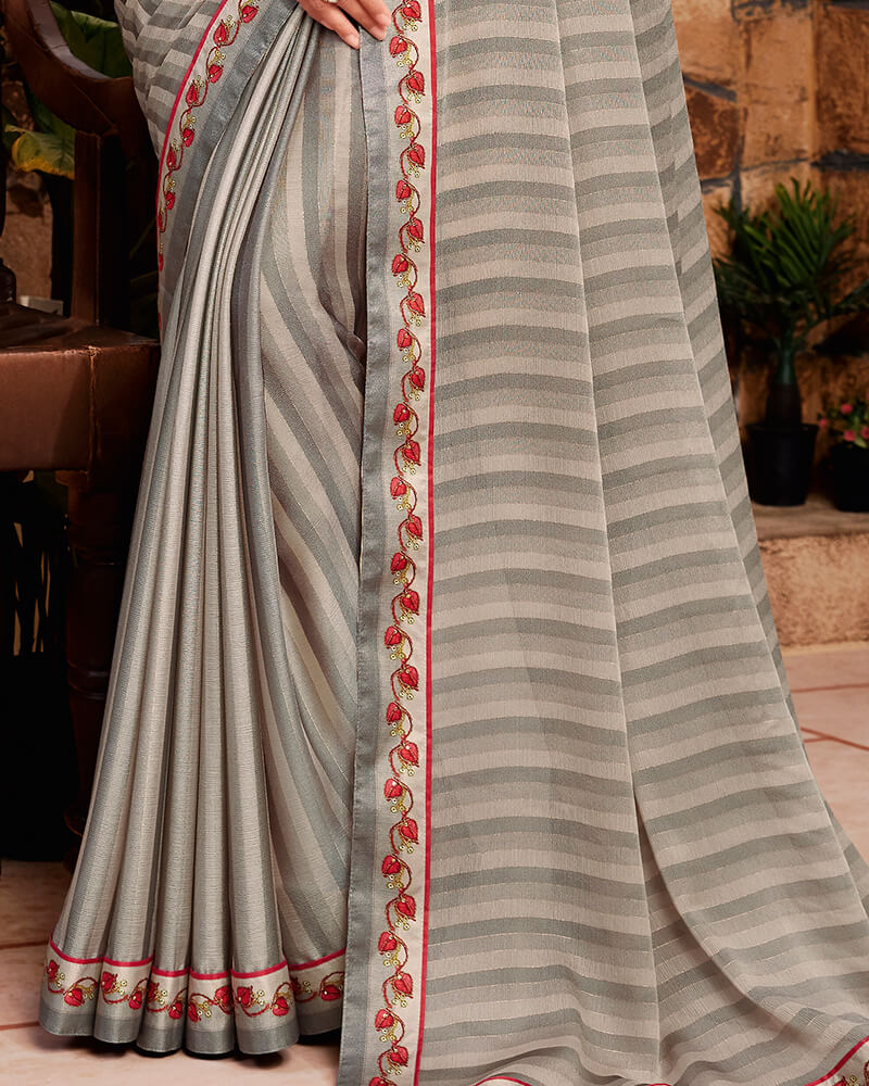 Vishal Prints Dusty Grey Chiffon Saree With Diamond Work Border