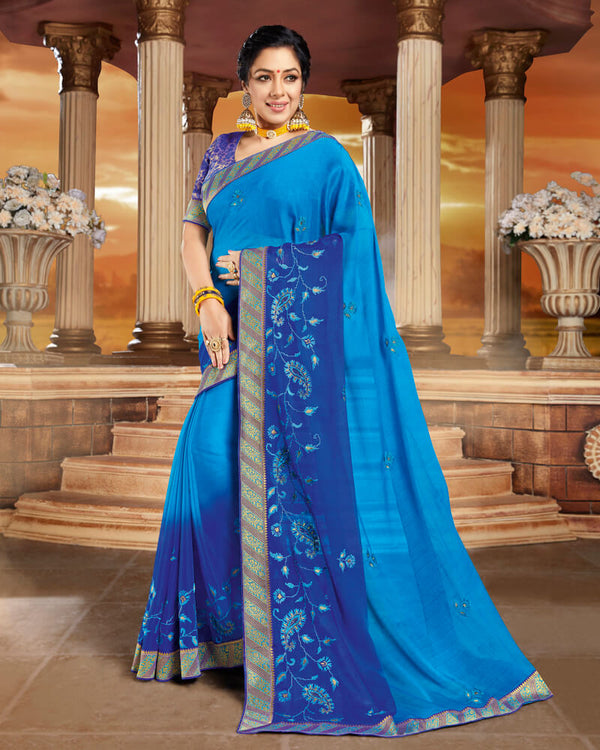 Vishal Prints Blue Chiffon Saree With Embroidery Work