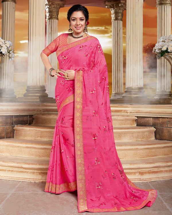 Vishal Prints Blush Pink Chiffon Saree With Embroidery Work