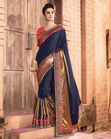 Vishal Prints Dark Navy Blue Satin Saree With Foil Print And Jari Work