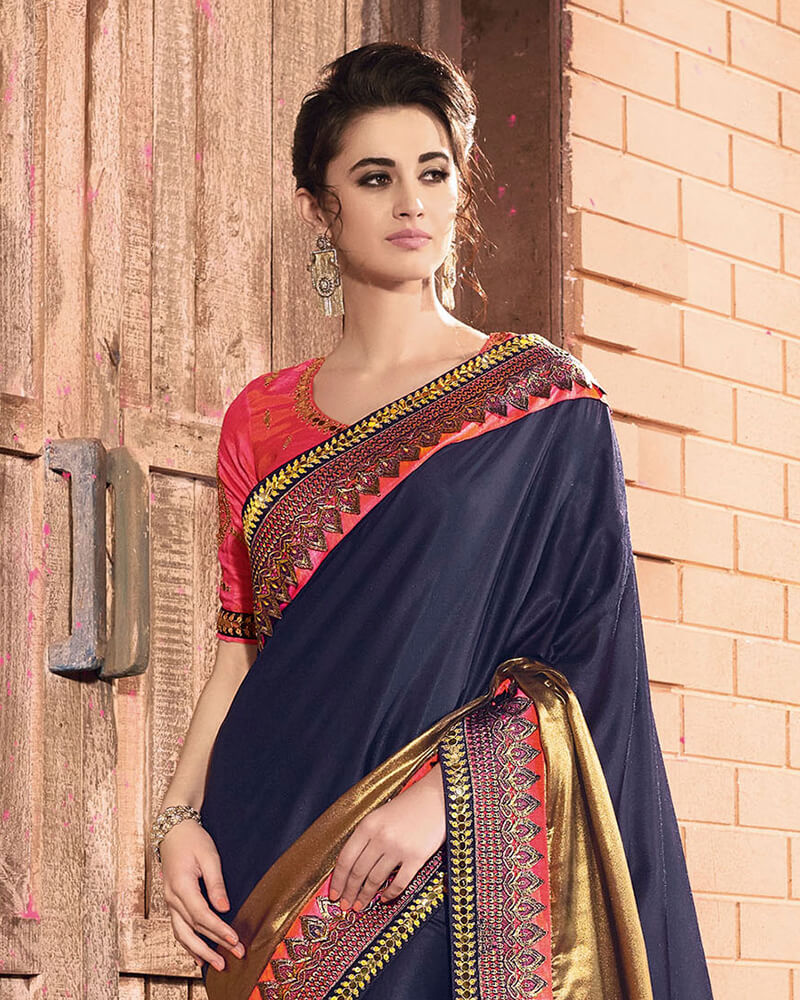 Vishal Prints Dark Navy Blue Satin Saree With Foil Print And Jari Work