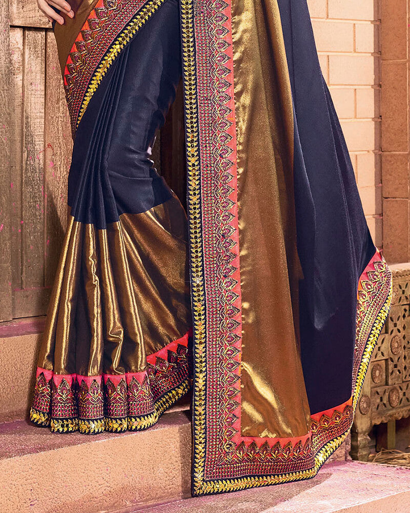 Vishal Prints Dark Navy Blue Satin Saree With Foil Print And Jari Work