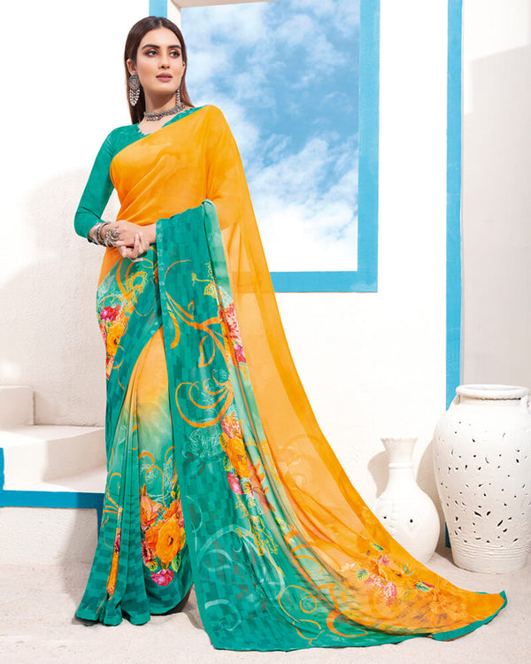 Vishal Prints Yellow And Persian Green Digital Print Georgette Saree With Piping