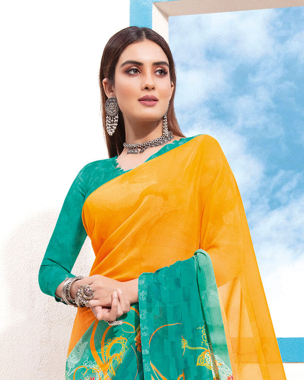 Vishal Prints Yellow And Persian Green Digital Print Georgette Saree With Piping