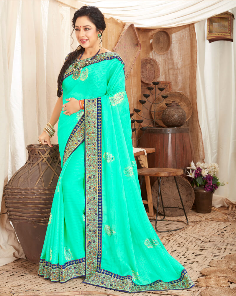 Vishal Prints Bright Teal Green Chiffon Saree With Foil Print And Border