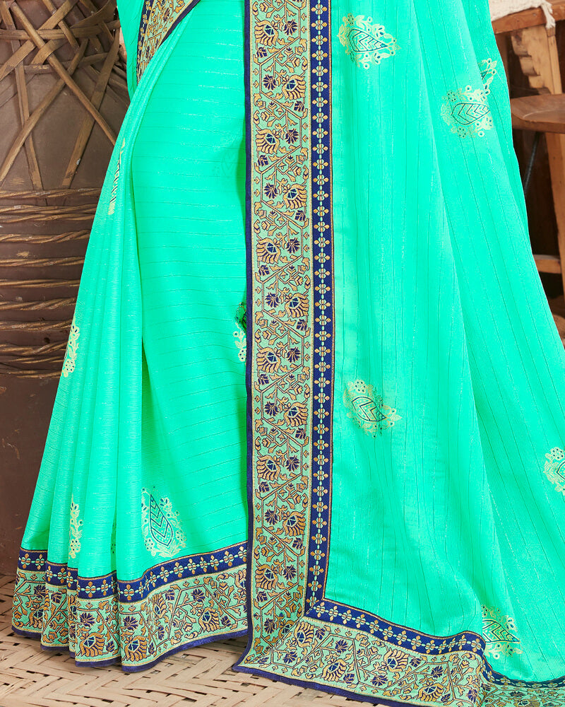 Vishal Prints Bright Teal Green Chiffon Saree With Foil Print And Border