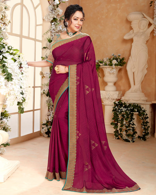 Vishal Prints Wine Chiffon Saree With Foil Print And Border