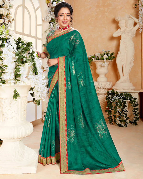 Vishal Prints Teal Green Chiffon Saree With Foil Print And Border