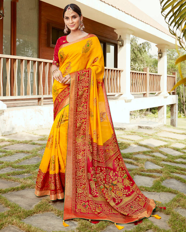 Vishal Prints Yellow And Red Silk Saree With Weaving Work