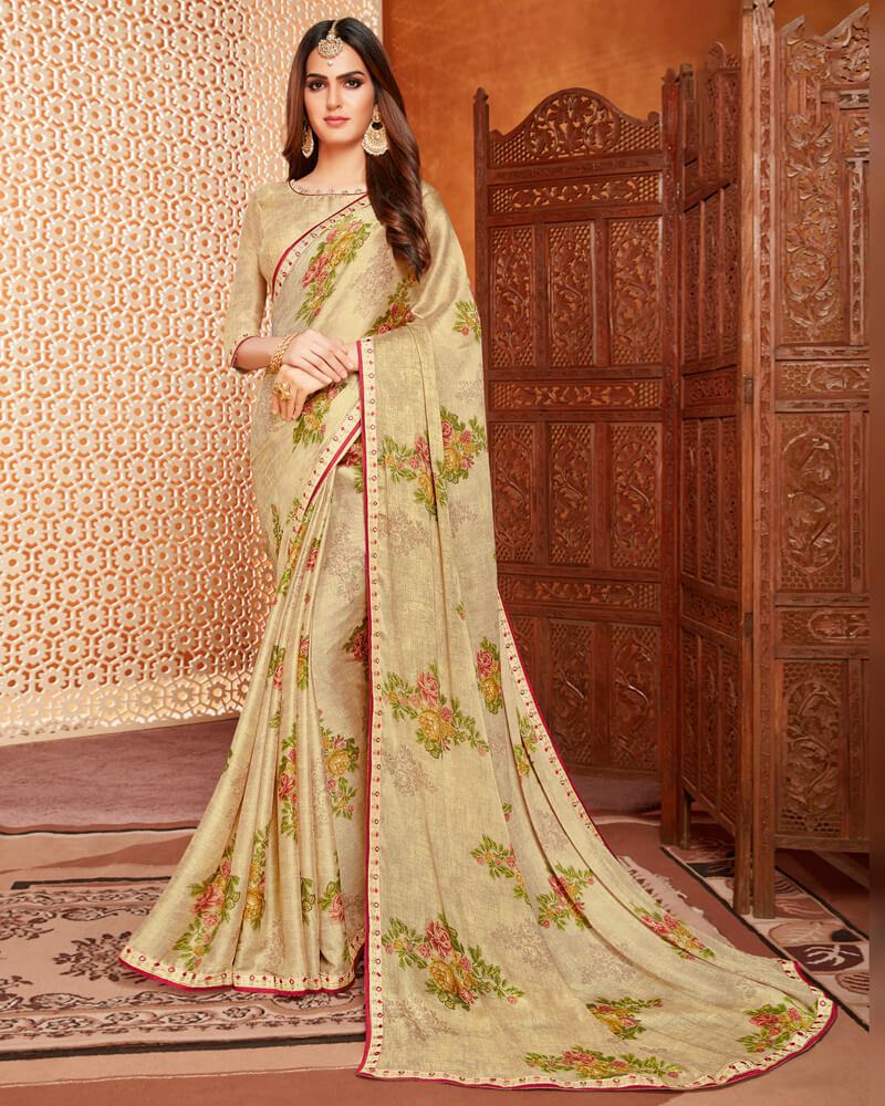 Vishal Prints Beige Printed Crepe Saree With Piping