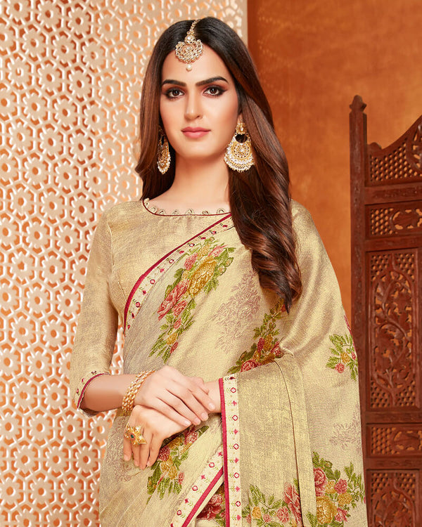 Vishal Prints Beige Printed Crepe Saree With Piping