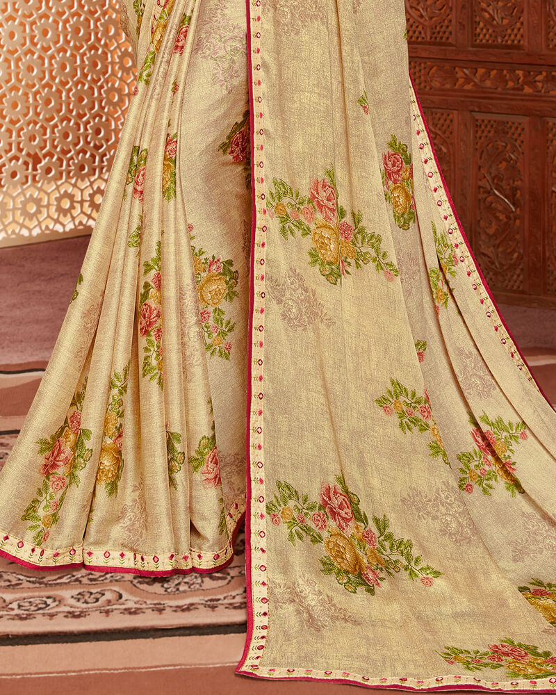 Vishal Prints Beige Printed Crepe Saree With Piping