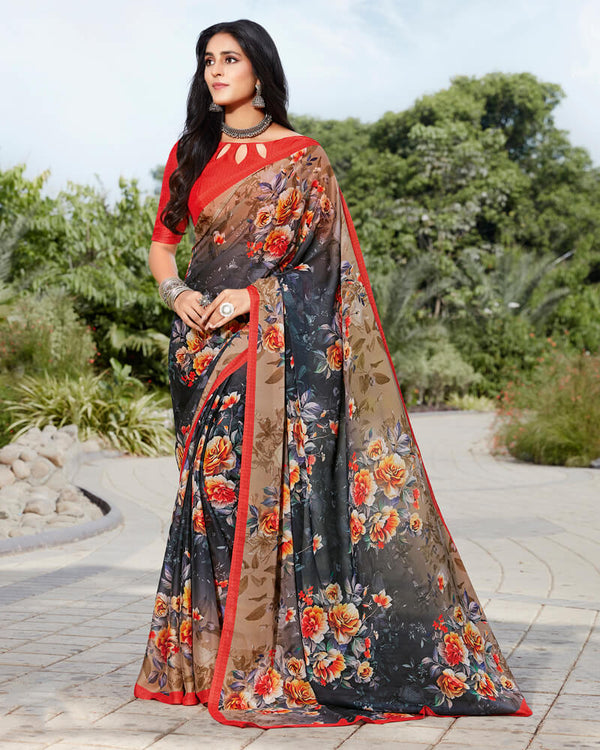 Vishal Prints Charcoal Grey Digital Print Crepe Saree