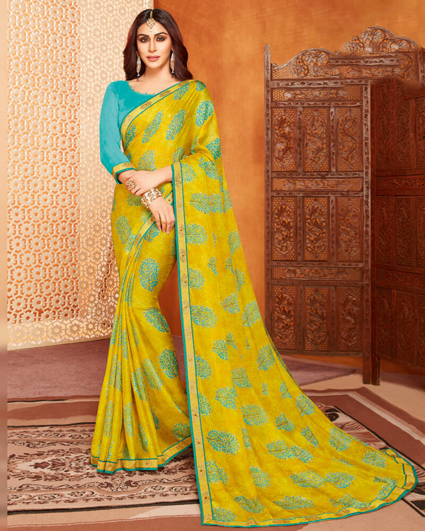 Vishal Prints Yellow Printed Chiffon Saree With With Piping