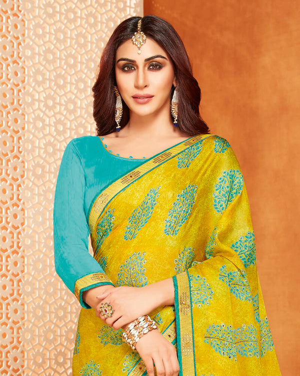 Vishal Prints Yellow Printed Chiffon Saree With With Piping