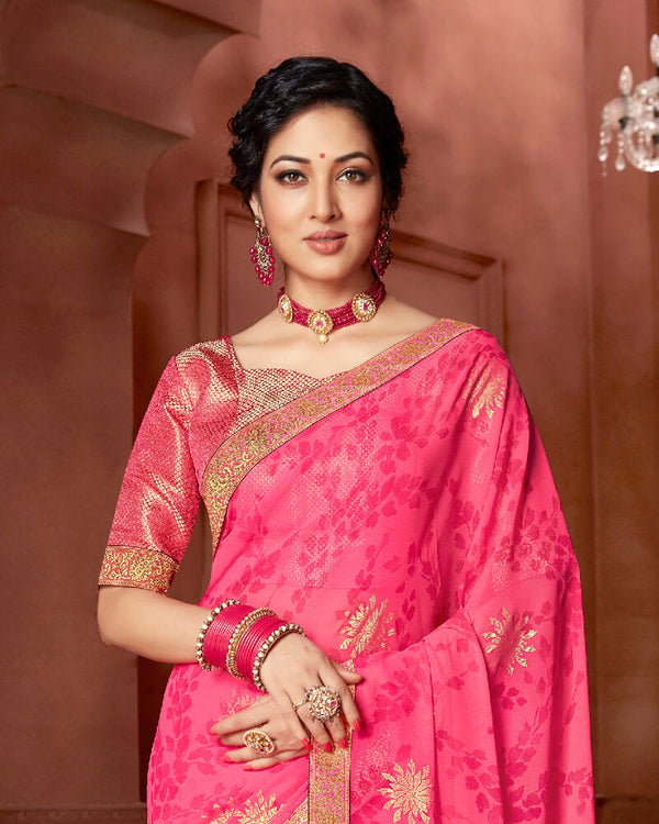 Vishal Prints Bright Pink Chiffon Saree With Foil Print And Jari Border