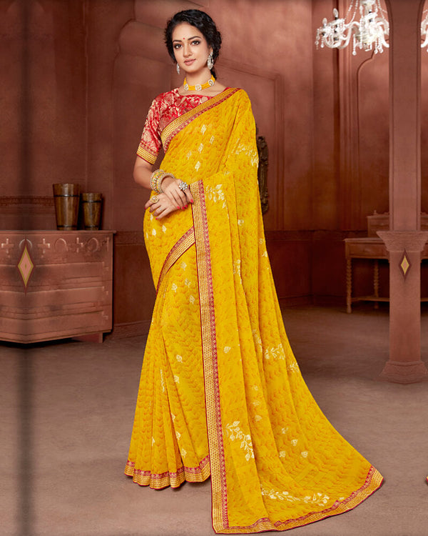 Vishal Prints Yellow Chiffon Saree With Foil Print And Jari Border