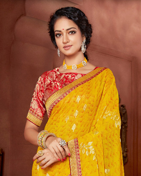 Vishal Prints Yellow Chiffon Saree With Foil Print And Jari Border