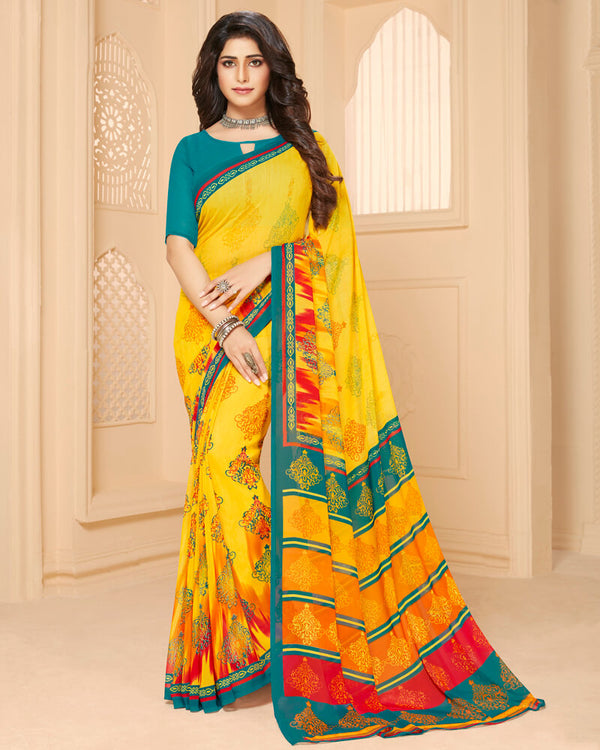 Vishal Prints Yellow And Rama Green Printed Georgette Saree