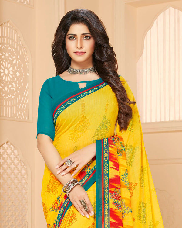 Vishal Prints Yellow And Rama Green Printed Georgette Saree