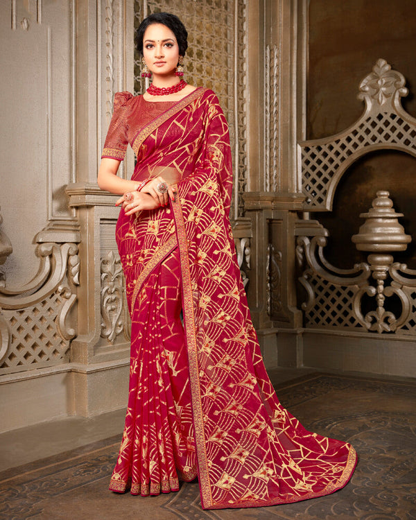 Vishal Prints Brick Red Brasso Saree With Foil Print And Jari Border