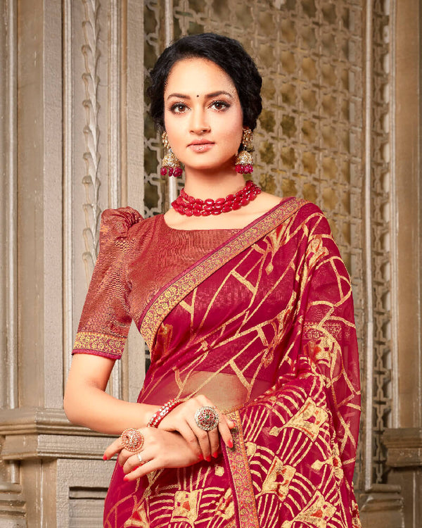 Vishal Prints Brick Red Brasso Saree With Foil Print And Jari Border