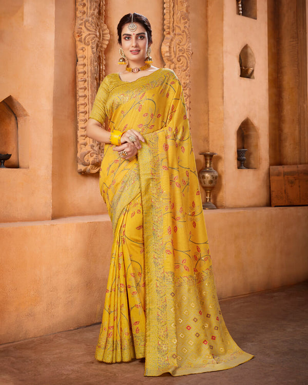 Vishal Prints Golden Yellow Cotton Brasso Saree With Foil Print